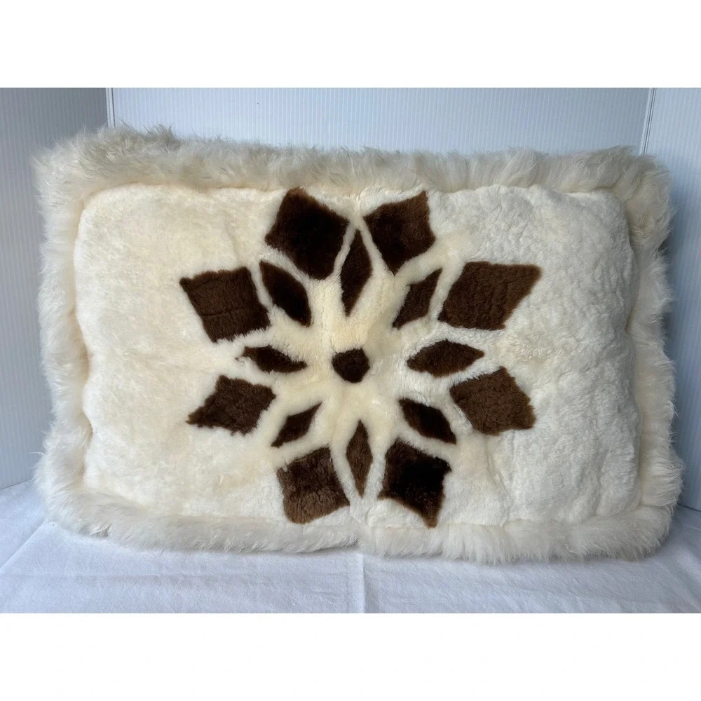 Vintage Plush Throw Pillow Cream Brown‎ Snowflake Shaggy Faux Fur Accent Pillow